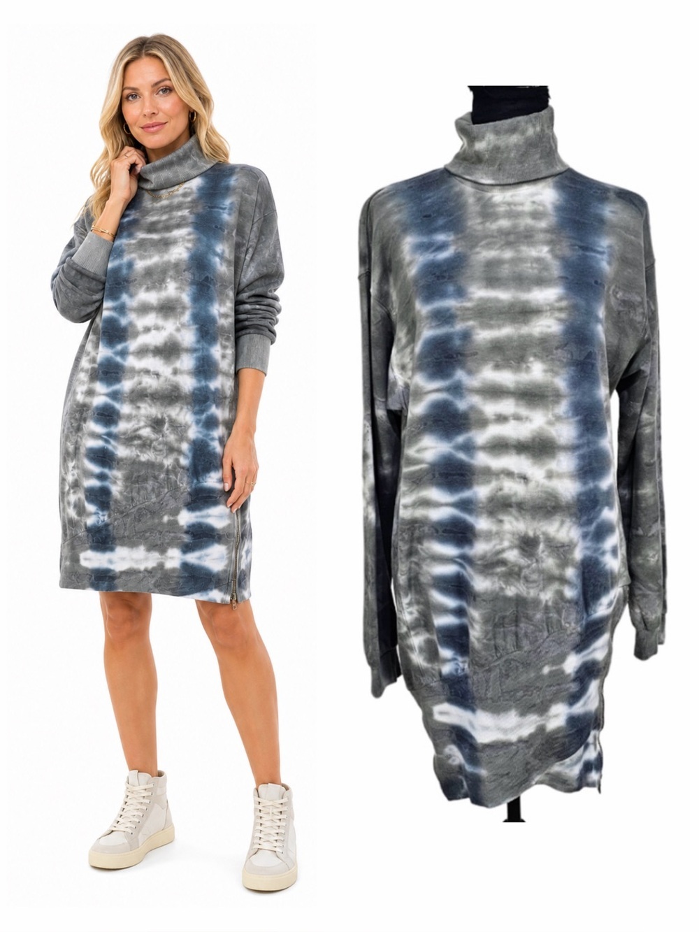 Young Fabulous & Broke Sweatshirt Dress Sz XS Gray Blue Tie Dye Turtleneck Warm